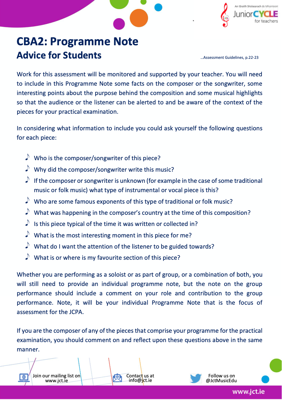 CBA2: Programme Note - Advice for Students