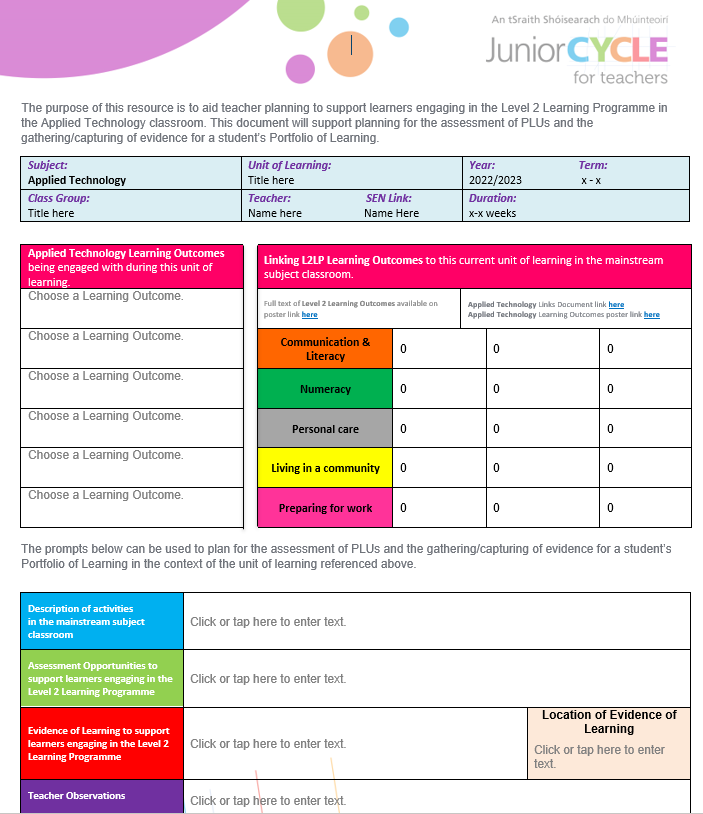 Applied Technology L2LPs Subject Planning