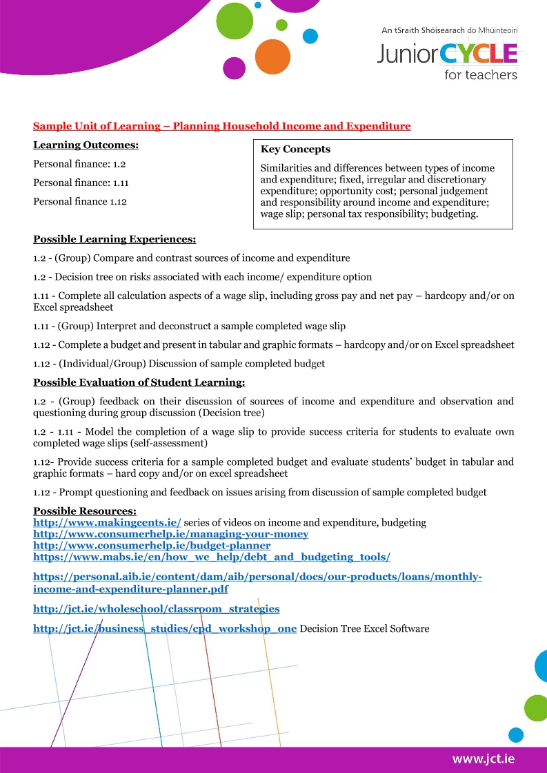 Sample Unit Planning Household Income and Expenditure