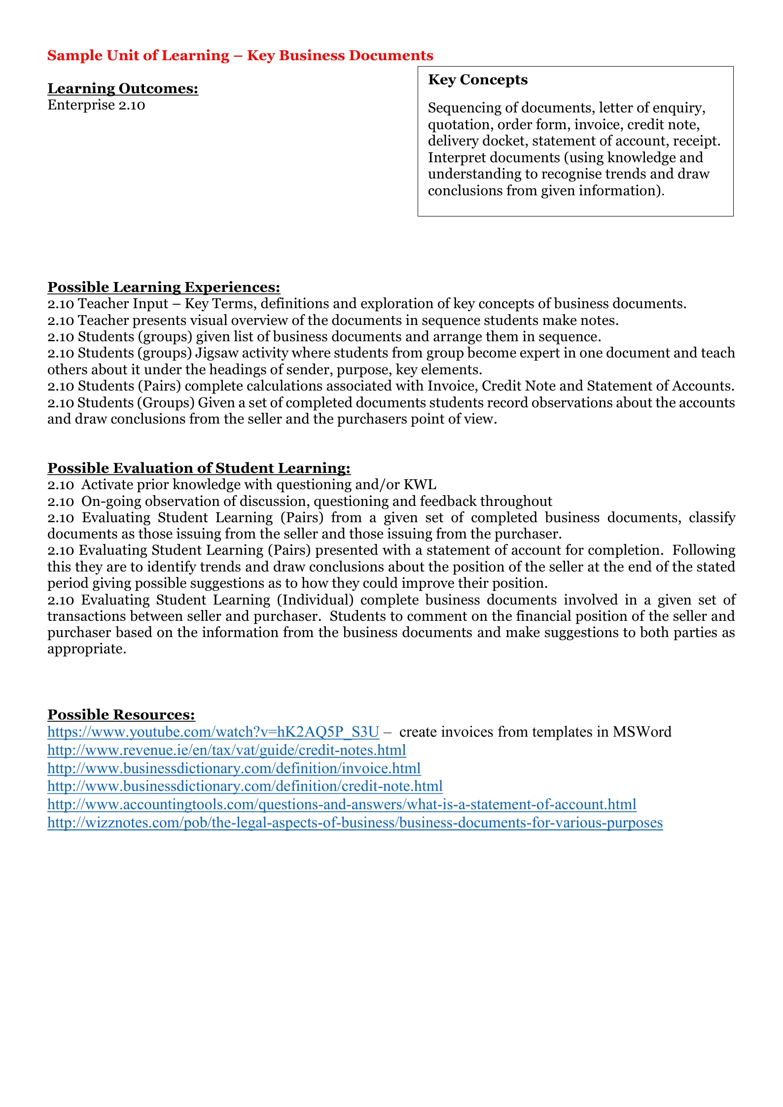 Business Documents Unit of Learning