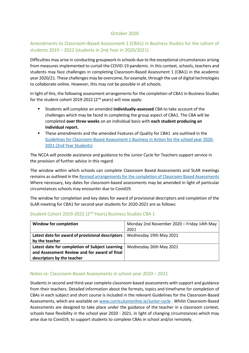 Classroom Based Assessment 1 (Individual) NCCA Information Support