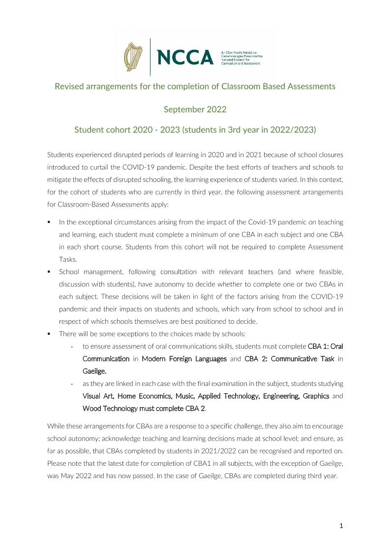 CBA Revised Arrangements & Key Dates - School Year 2022/23