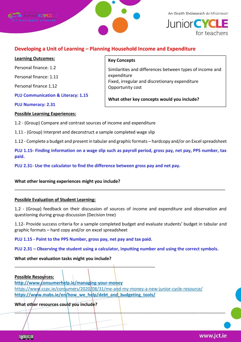 Developing a Unit of Learning - Planning Income & Expenditure