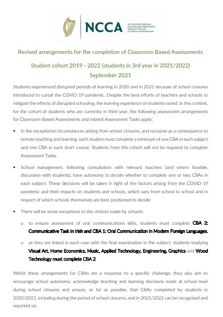 CBA Revised Arrangements & Key Dates  - School Year 2021/22