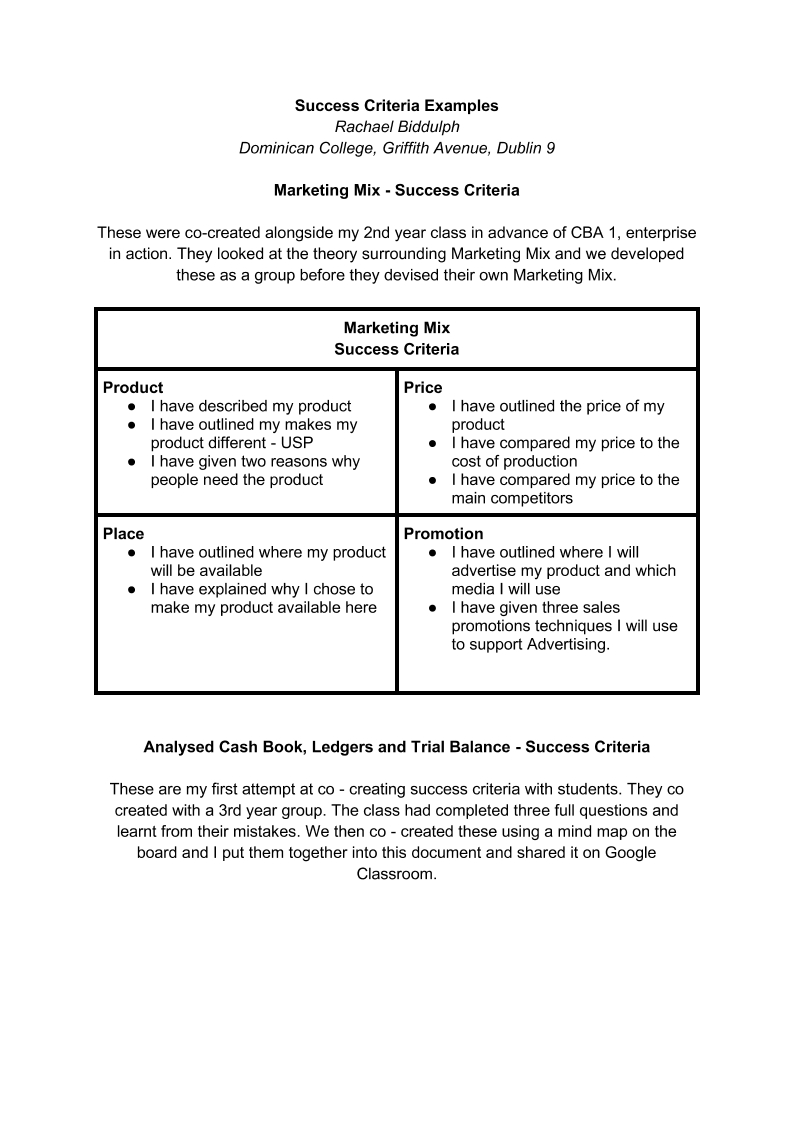 Success Criteria Examples - Webinar March 24th 2020