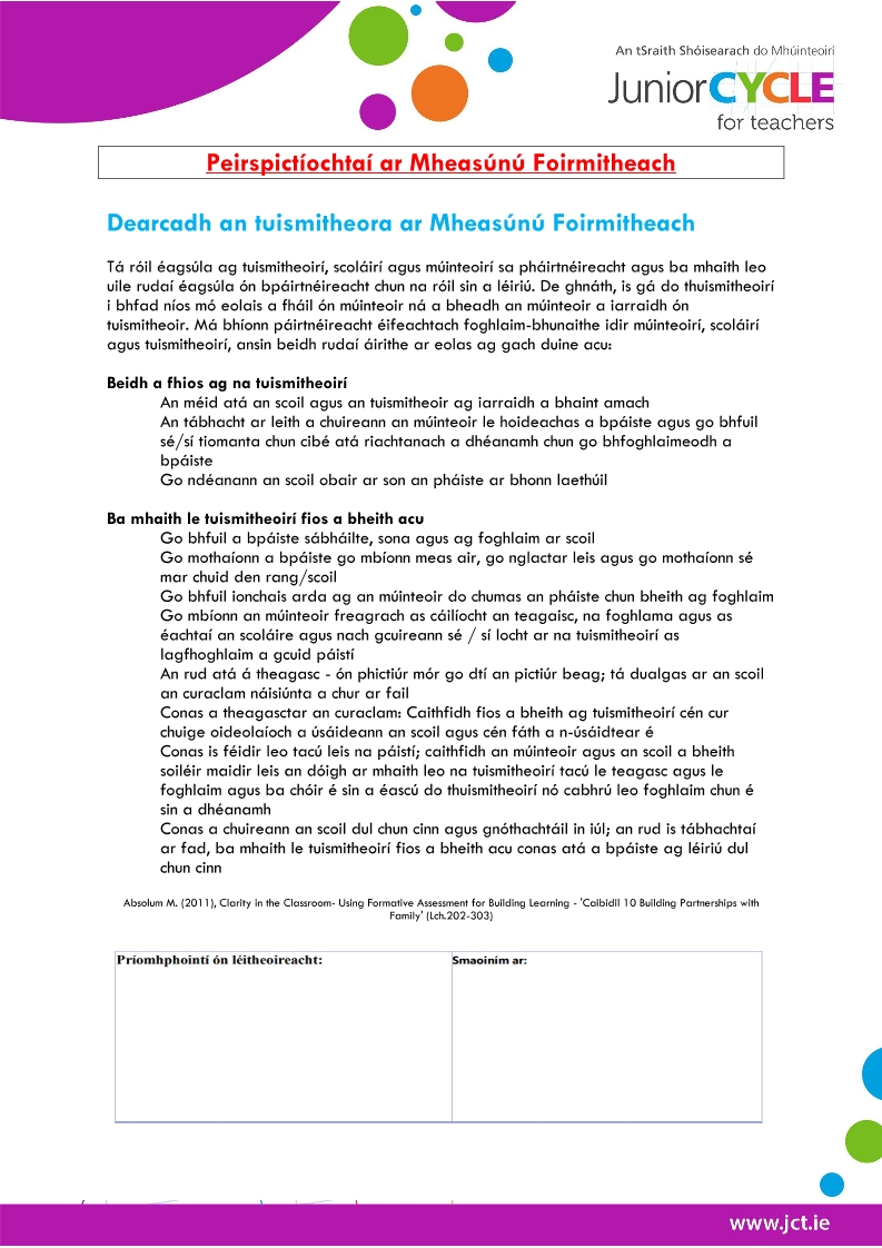 Peirspictíochtaí ar Mheasúnú Foirmitheach