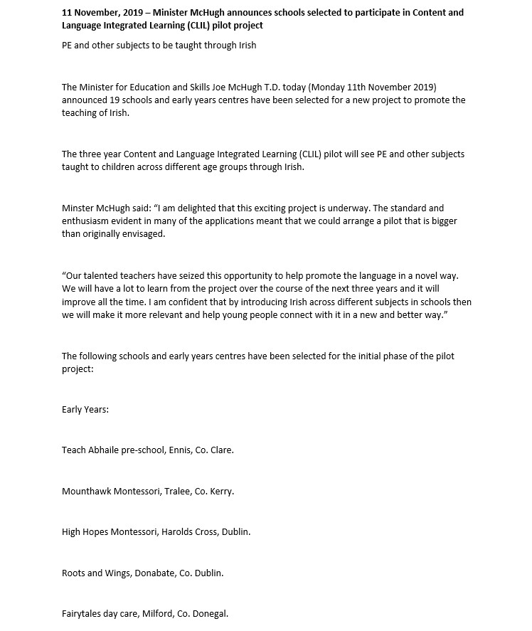 CLIL Press Release 11 November 2019