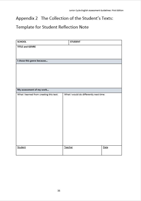 The Collection of Student's Texts Reflection Note Template