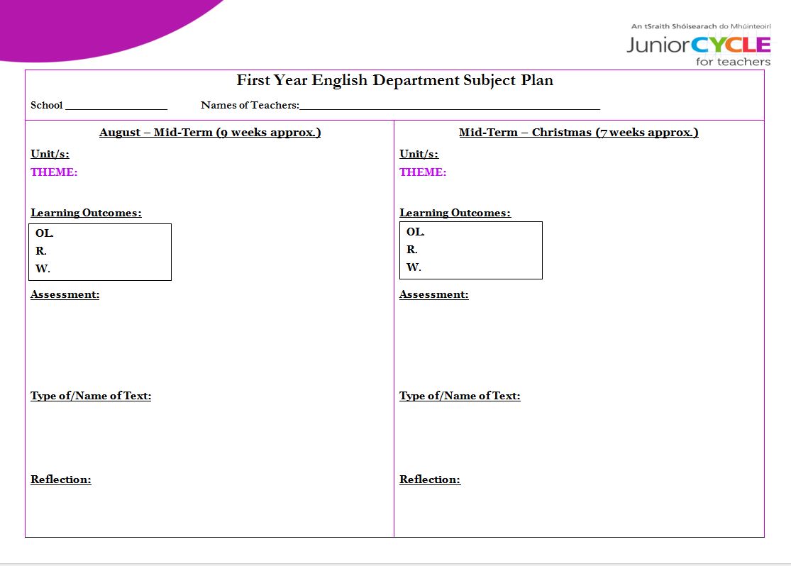 Subject Department Plan Template for First Year