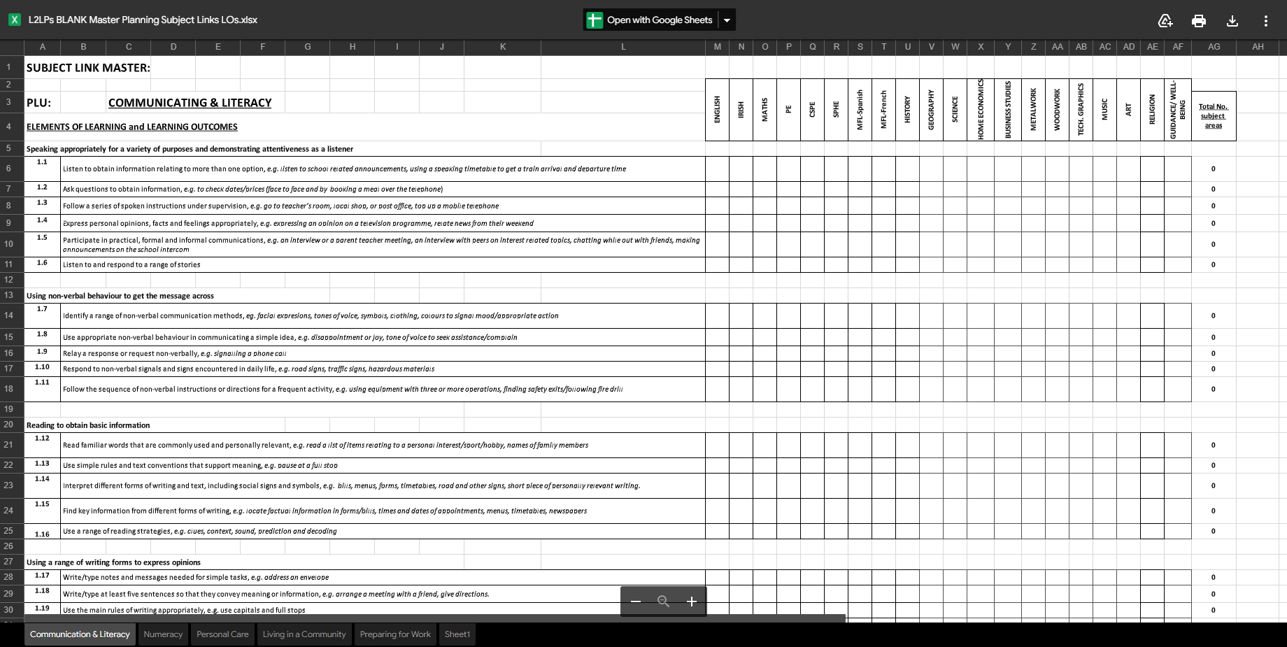 L2LPs Blank Master Planning Subject Links LOs