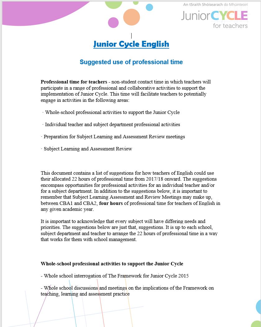 English  Second/Third Year Planning  Junior Cycle for 