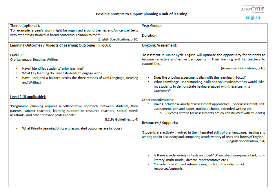Possible Prompts to Support Planning a Unit of Learning