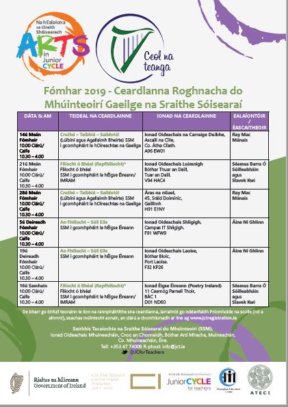 Na hEalaíona sa tSraith Shóisearach - Ceardlanna Roghnacha an Fhómhair 2019