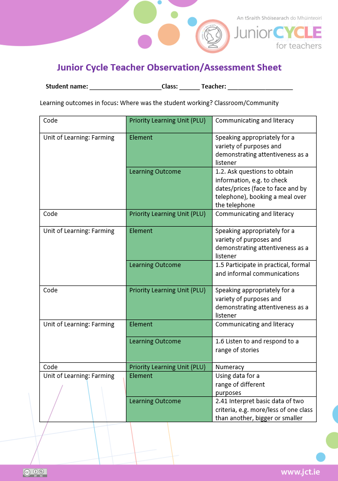 Teacher Observation Sheet