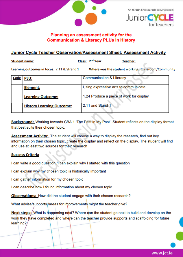 L2LP Planning an Assessment Activity for the Communication and Literacy PLUs in History