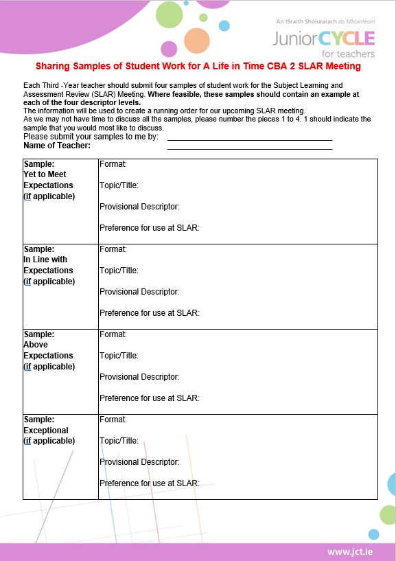 Editable template sharing samples of student work for CBA 2 A Life in Time