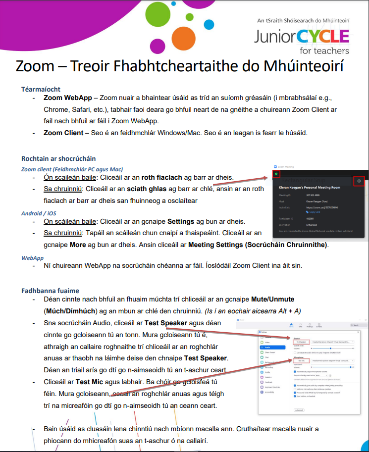 Zoom Treoir Fhabhtcheartaithe do Mhúinteoirí
