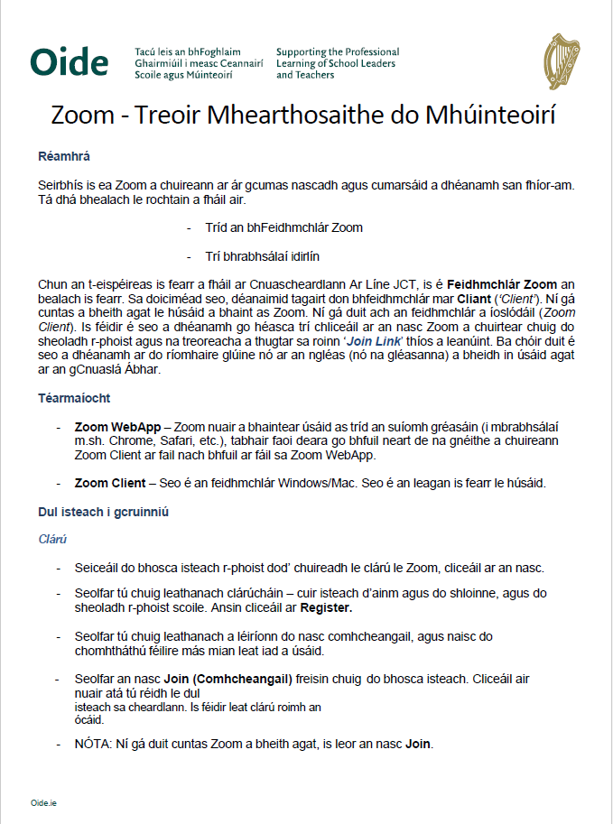 Zoom Treoir Mhearthosaithe do Mhúinteoirí