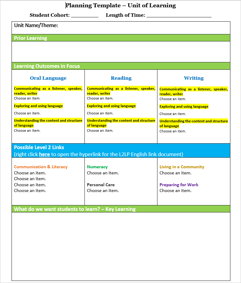 English Interactive Planning Template Portrait