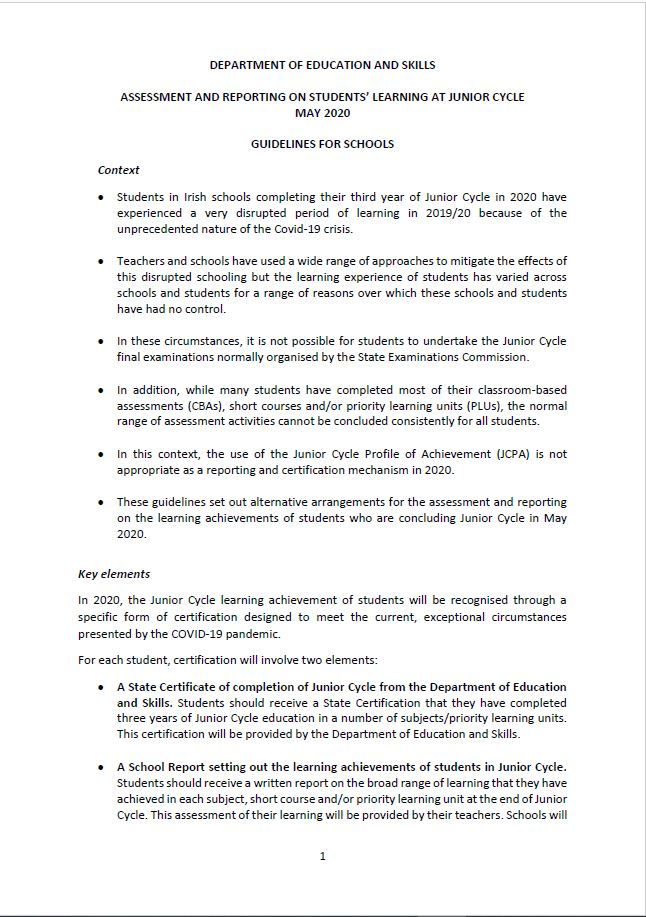 Guidelines for School Assessment & Reporting on Students Learning at Junior Cycle May 2020