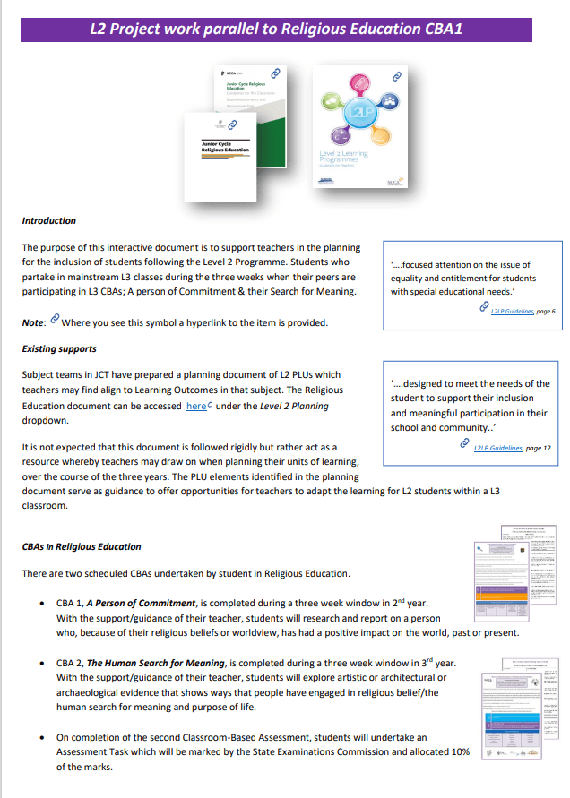 L2LPs Project Work Parallel to Religious Education CBA