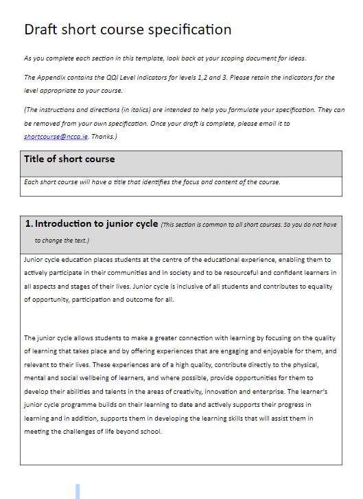 NCCA School Developed Short Course Template