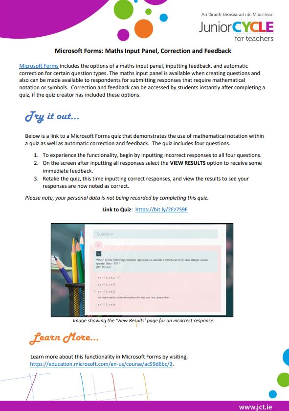 Microsoft Forms Maths Input Panel, Correction and Feedback