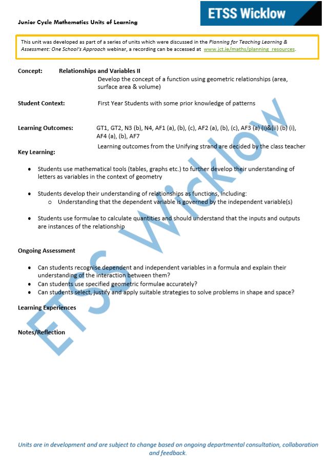 Relationships and Variables Unit of Learning 2 of 6 PDF