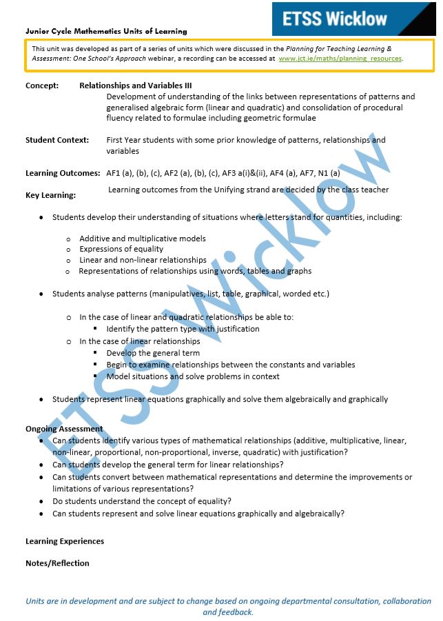 Relationships and Variables Unit of Learning 3 of 6 PDF