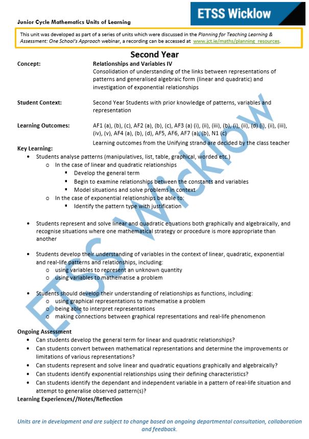 Relationships and Variables Unit of Learning 4 of 6