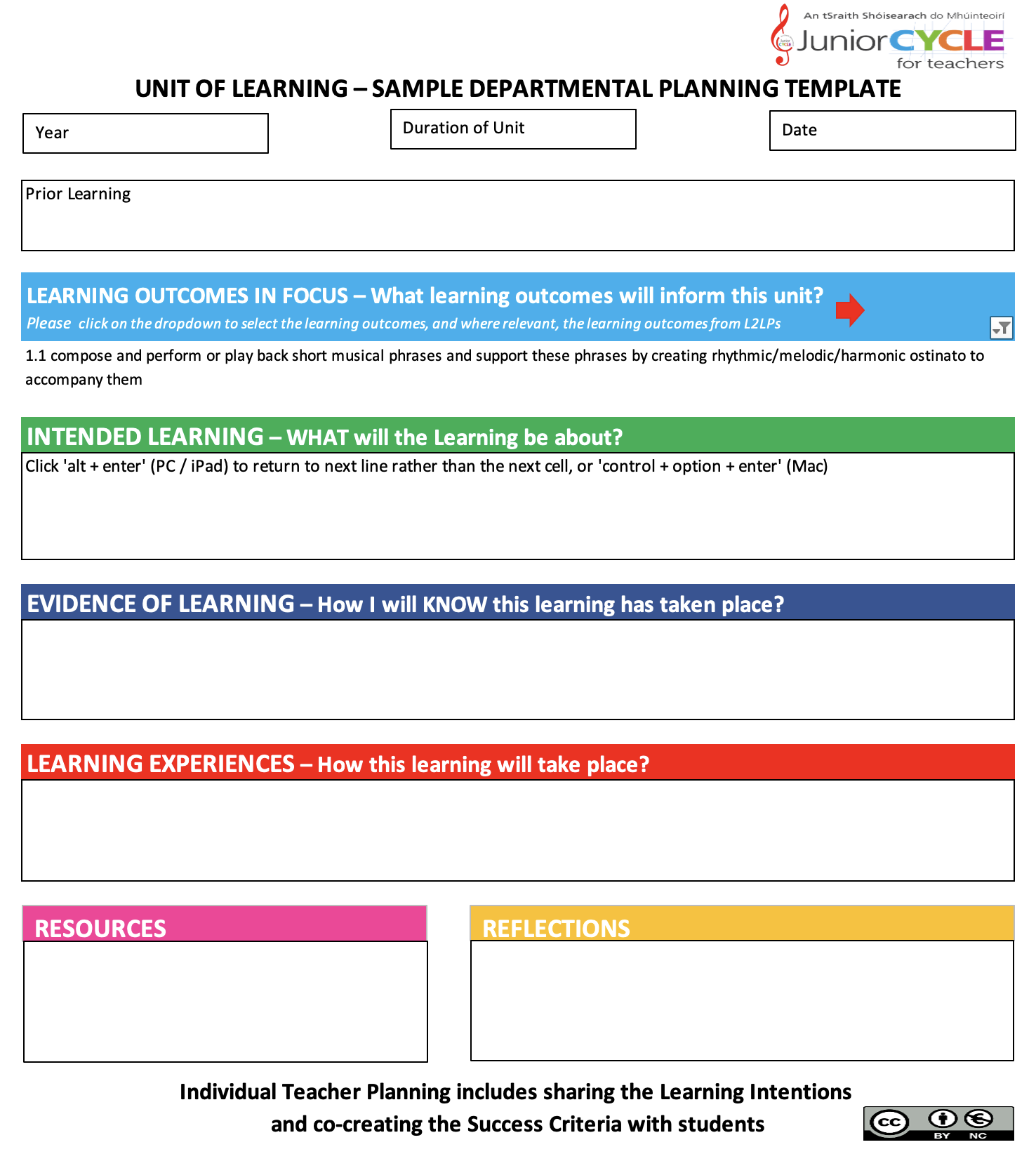 Sample Unit of Learning Planner (Sheets) INTERACTIVE