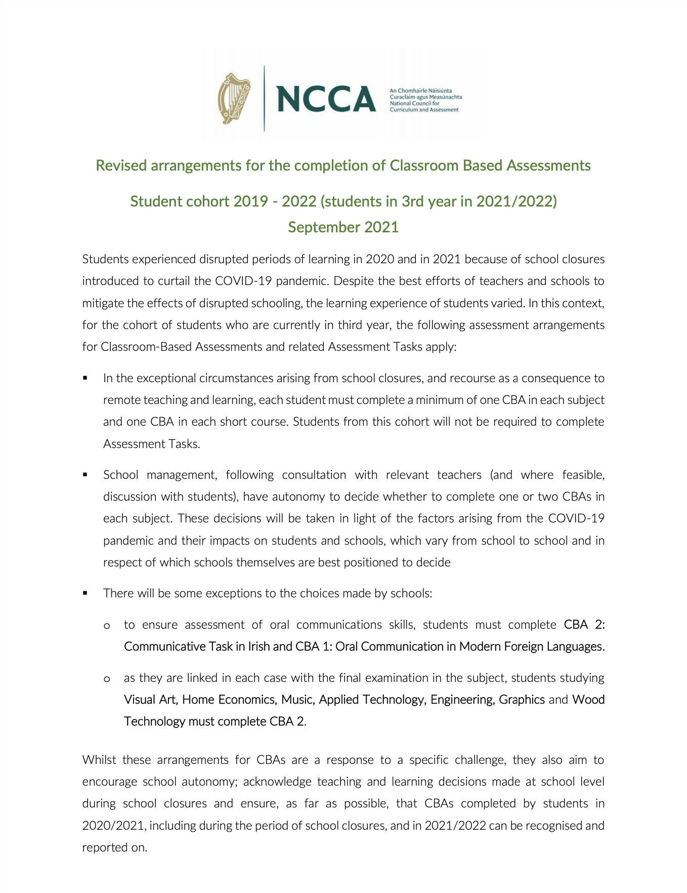 Revised Arrangements for the completion of Classroom-Based Assessments 2019 - 2022