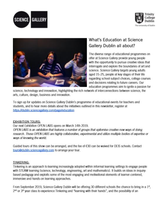 Science Gallery Dublin Education Update January 2019