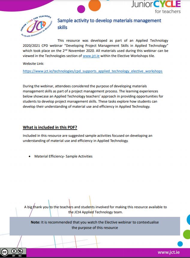 Sample activites to promote an understanding of material efficiency