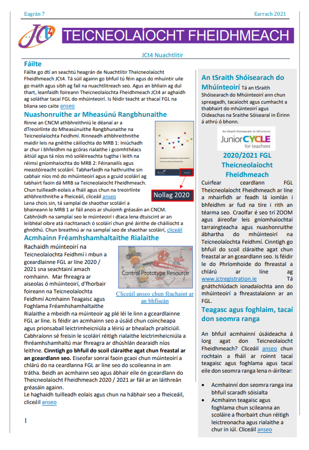 Nuachtlitir Fhomhair Theicneolaíocht Fheidhmeach Earrach 2021